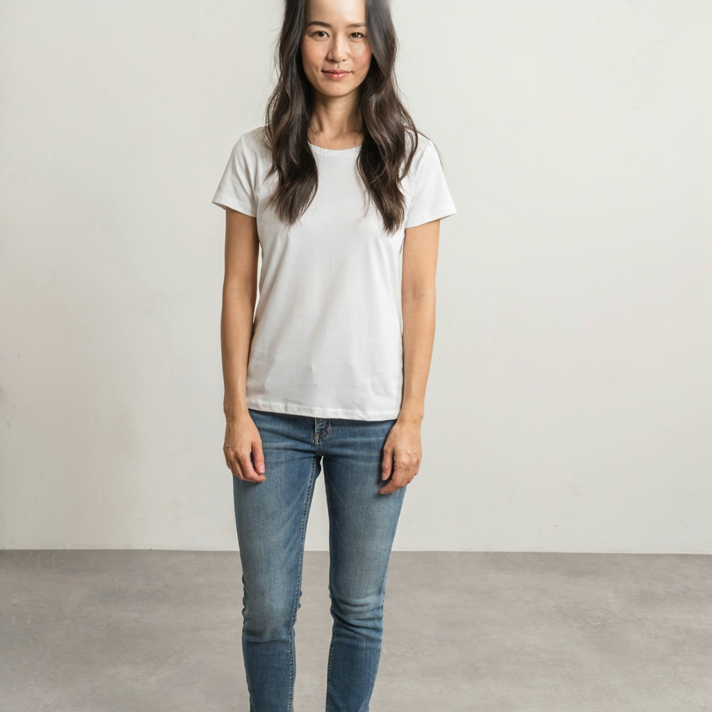 A woman standing upright in a relaxed pose, arms at her side