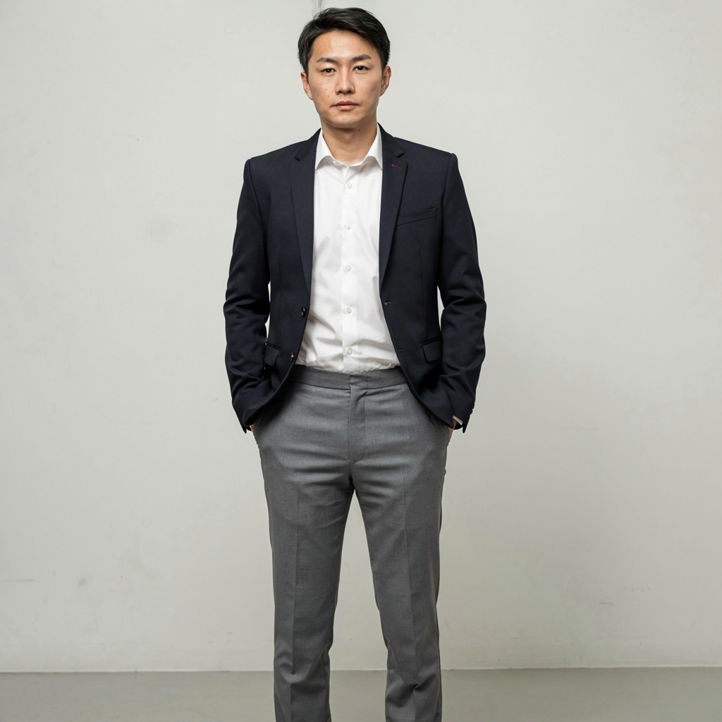 A man standing straight facing the camera, hands in pockets,