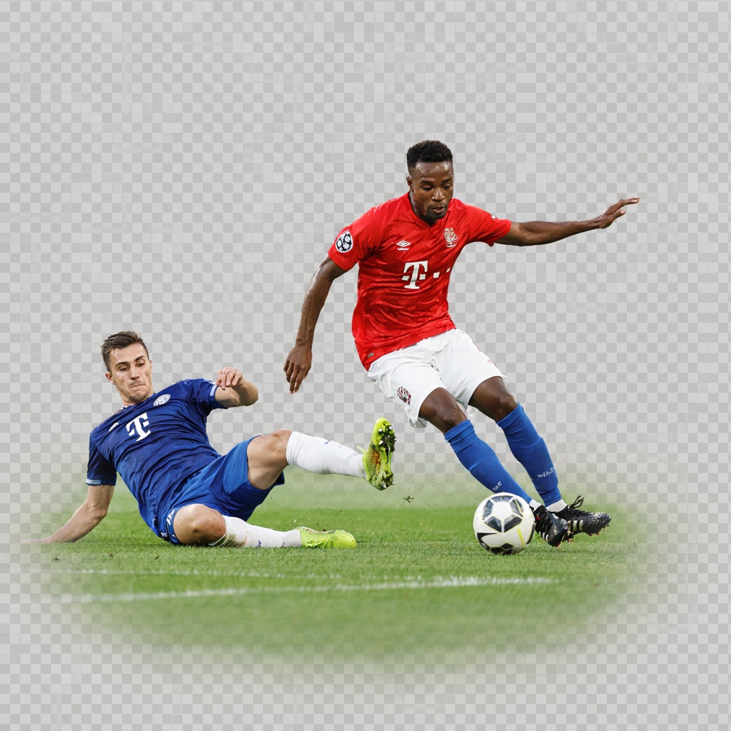 Two soccer players mid-tackle, one sliding and the other jum