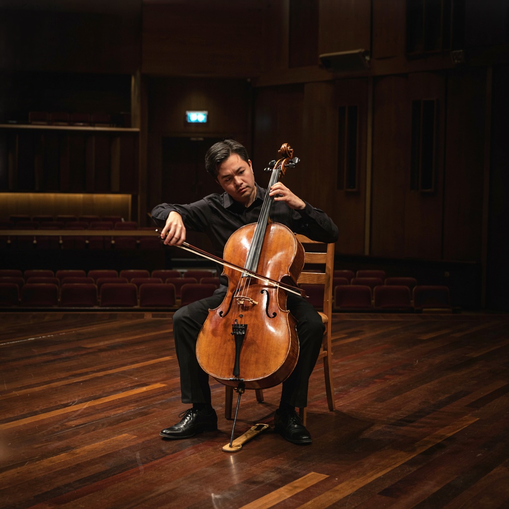 A cellist seated with correct posture, legs around the instr