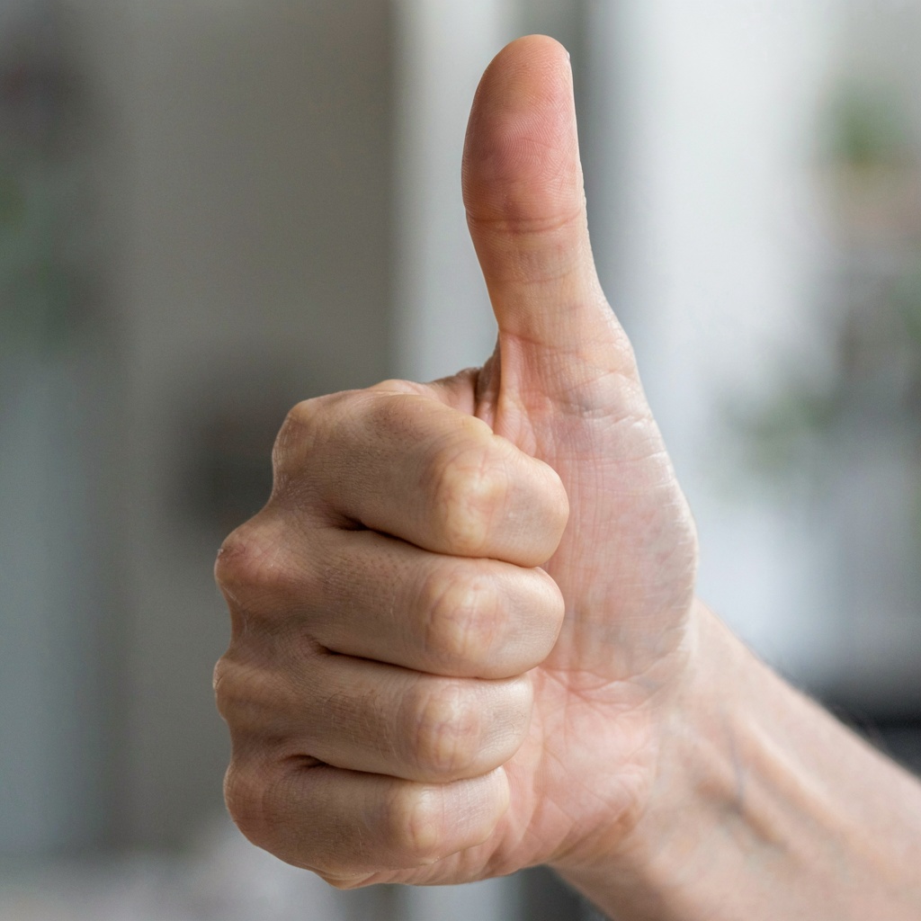 A hand giving a thumbs-up with four fingers curled and thumb