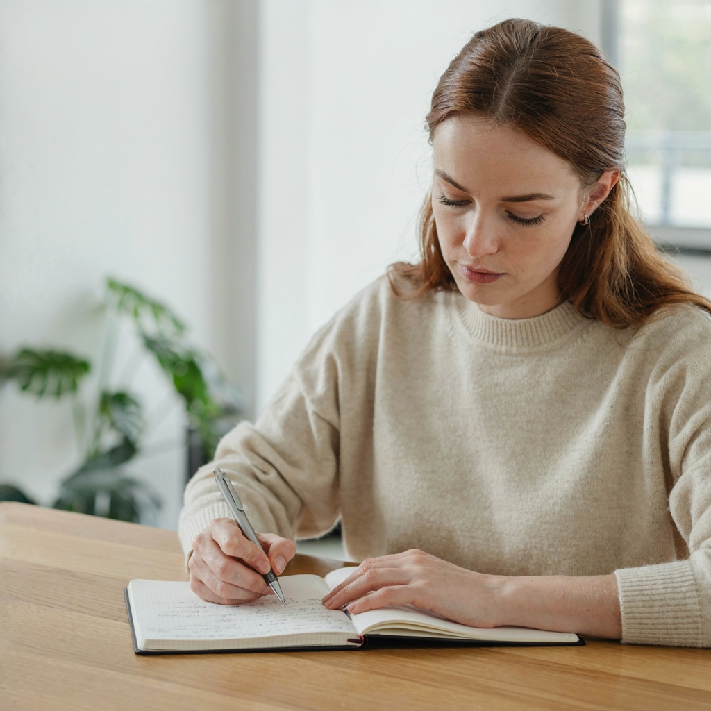 A woman writing in a notebook with a pen gripped correctly i