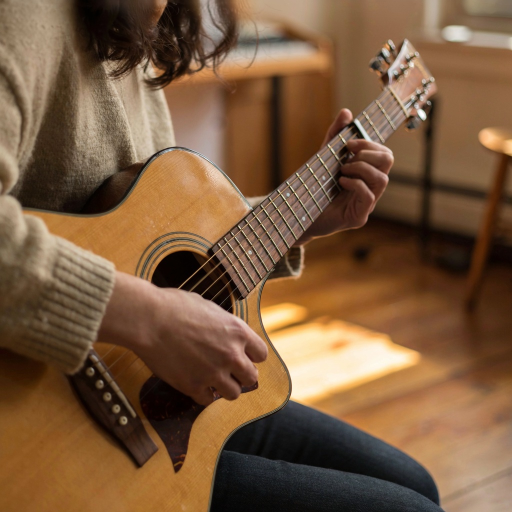 A person playing an acoustic guitar with left hand on the fr