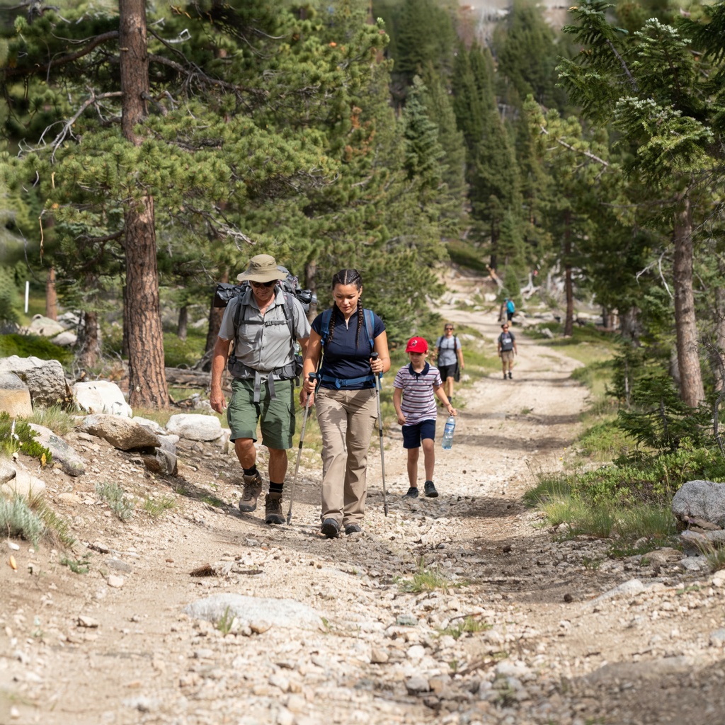 Three hikers on a trail: a man with a backpack and sunhat, a