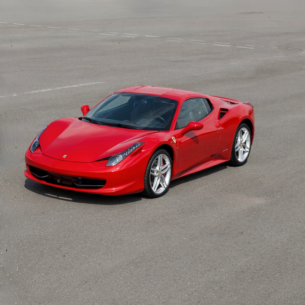 A bright red sports car parked on a gray asphalt road — the 
