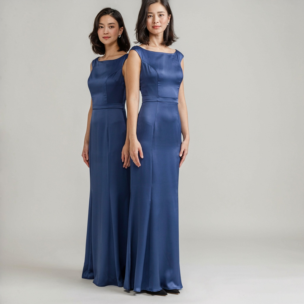 A woman wearing a royal blue evening dress against a neutral