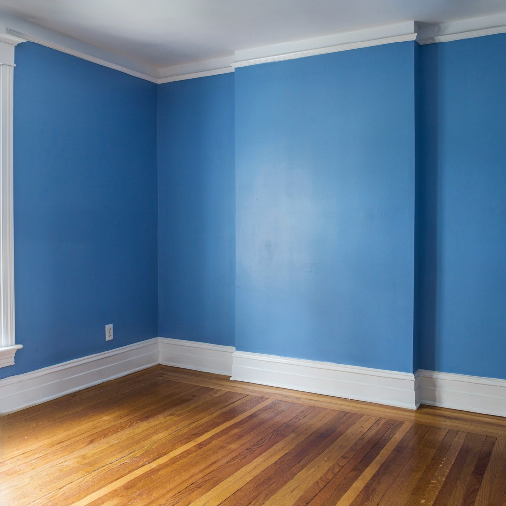 A room with walls in #4A90D9 (medium blue) with warm wooden 