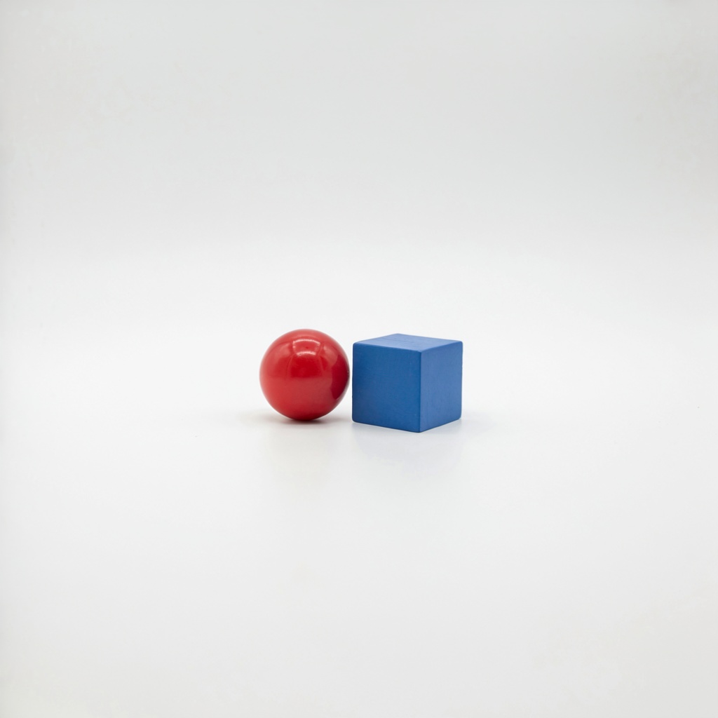 A red ball and a blue cube sitting side by side on a white s