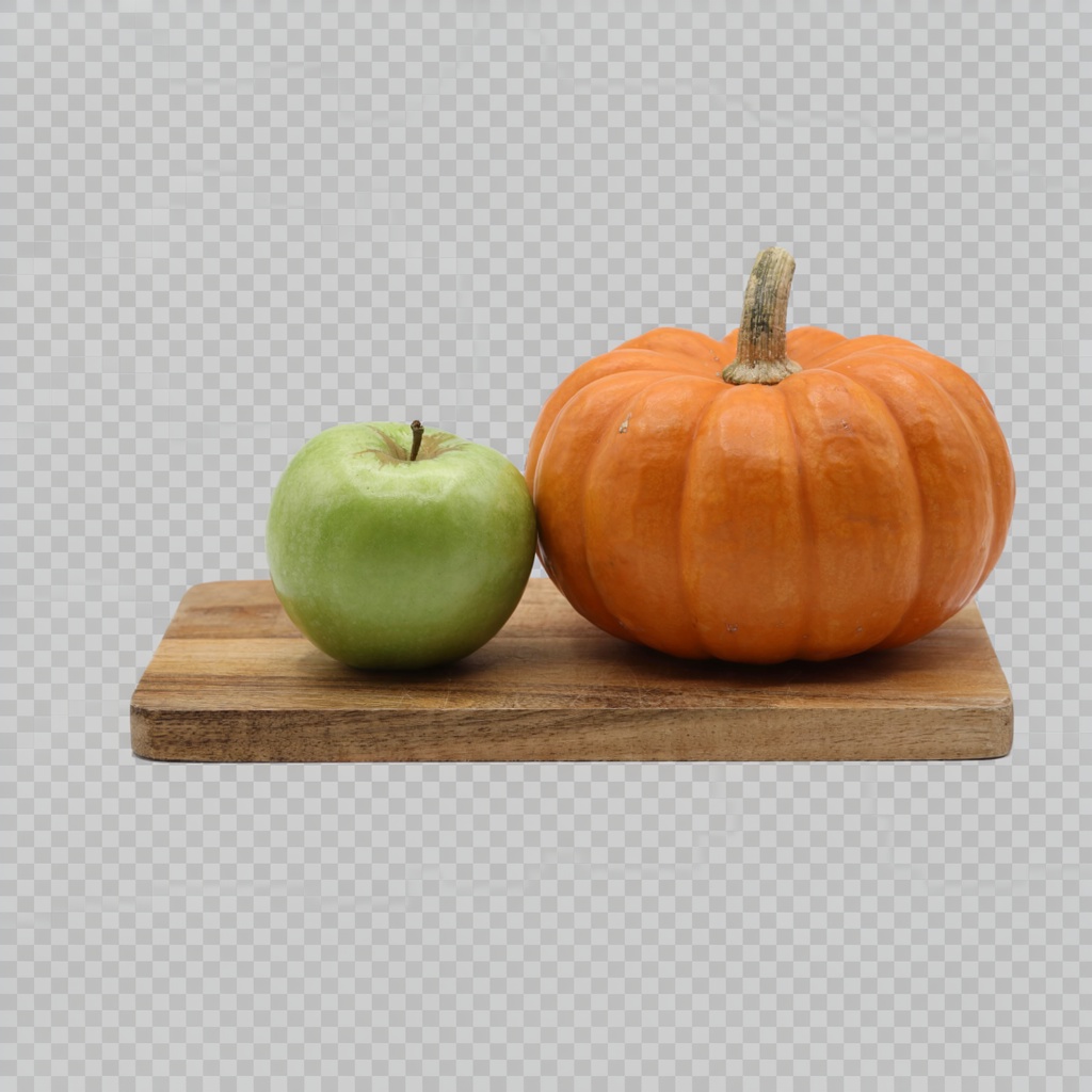 A green apple and an orange pumpkin on a wooden cutting boar