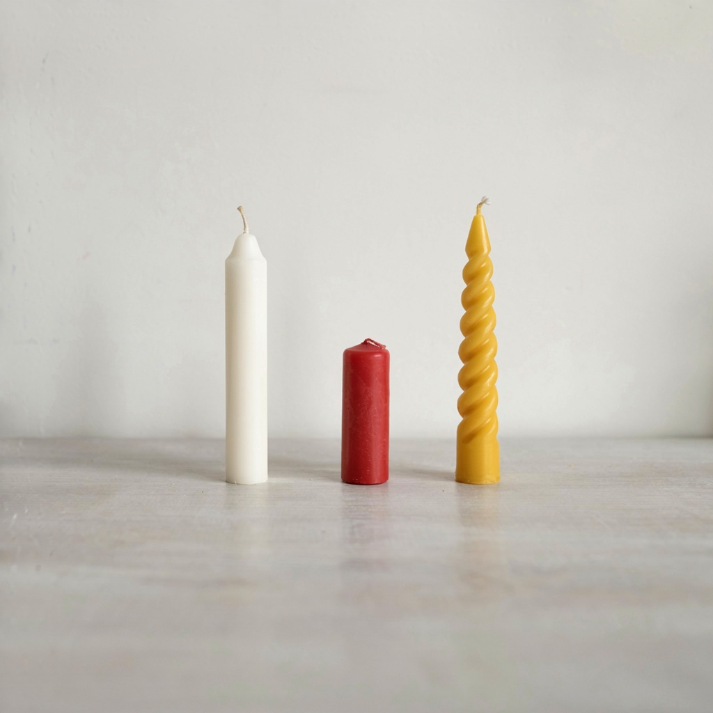 A tall thin white candle, a short fat red candle, and a medi