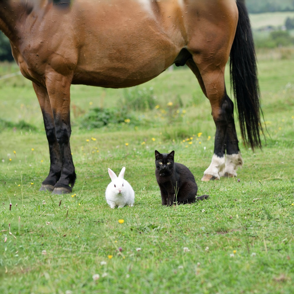 A big brown horse, a small white rabbit, and a medium-sized 