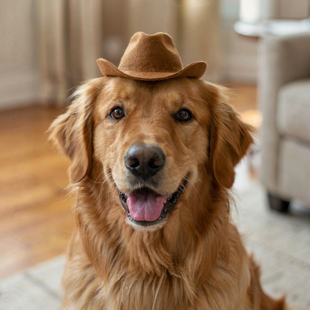 A golden retriever wearing a tiny cowboy hat