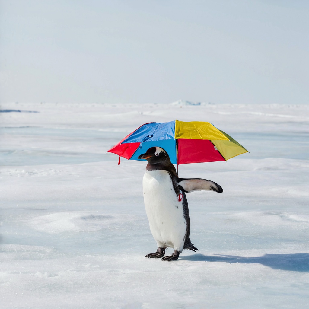 A penguin holding a colorful umbrella