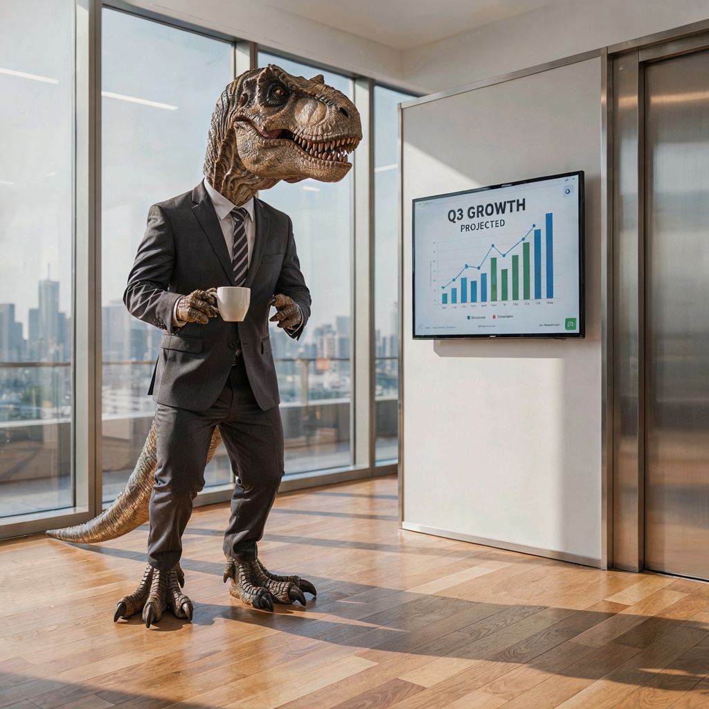 A dinosaur in a business suit giving a PowerPoint presentati
