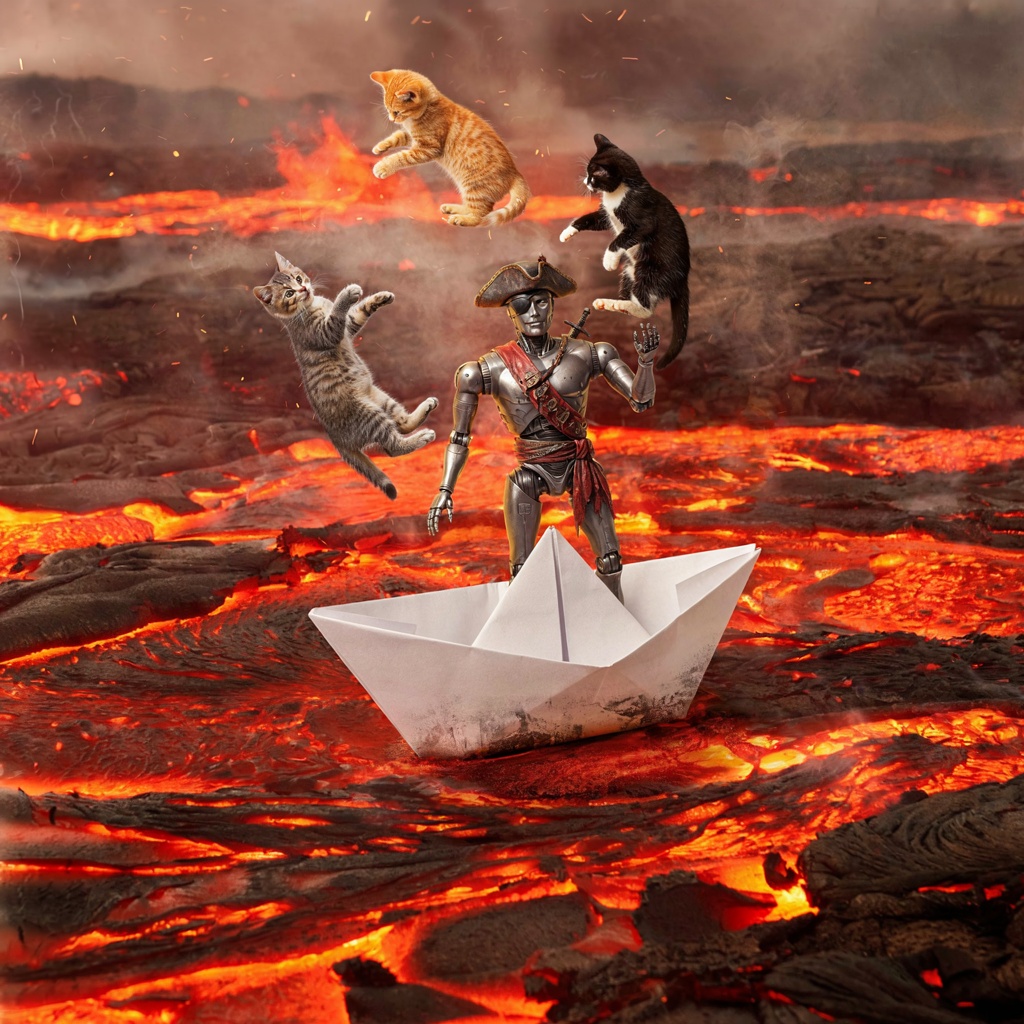 A robot dressed as a pirate sailing a paper boat on a lake o