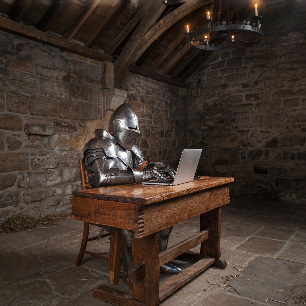 A medieval knight in full armor sitting at a desk typing on 