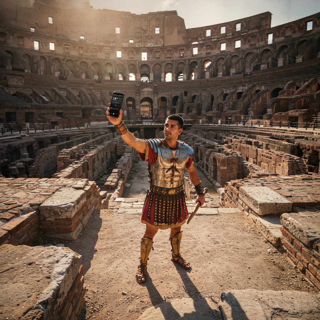 A Roman gladiator taking a selfie with a smartphone in the C