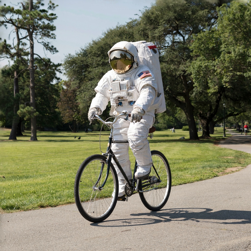 An astronaut in a spacesuit riding a bicycle through a park
