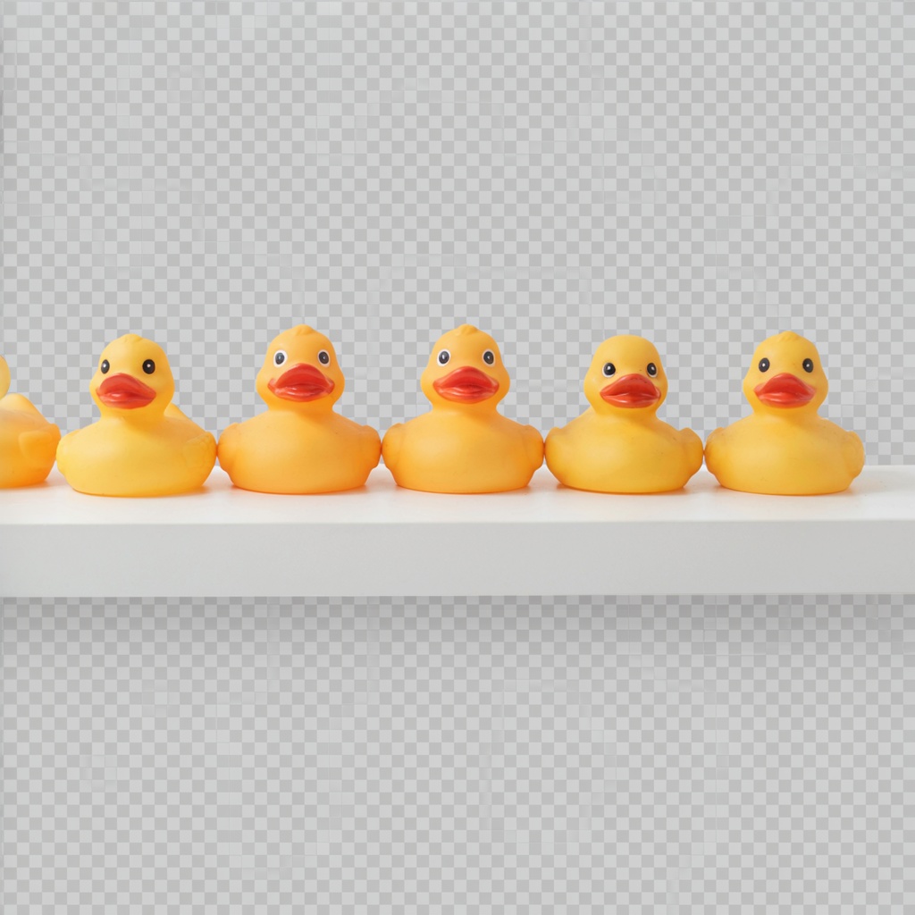 Exactly 5 yellow rubber ducks sitting in a row on a bathroom