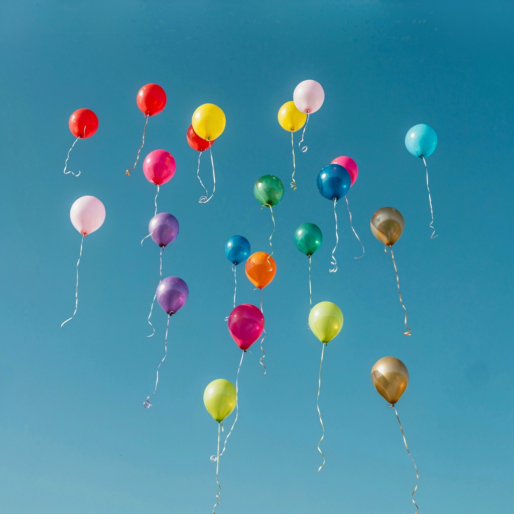 Exactly 11 colorful balloons floating against a clear blue s