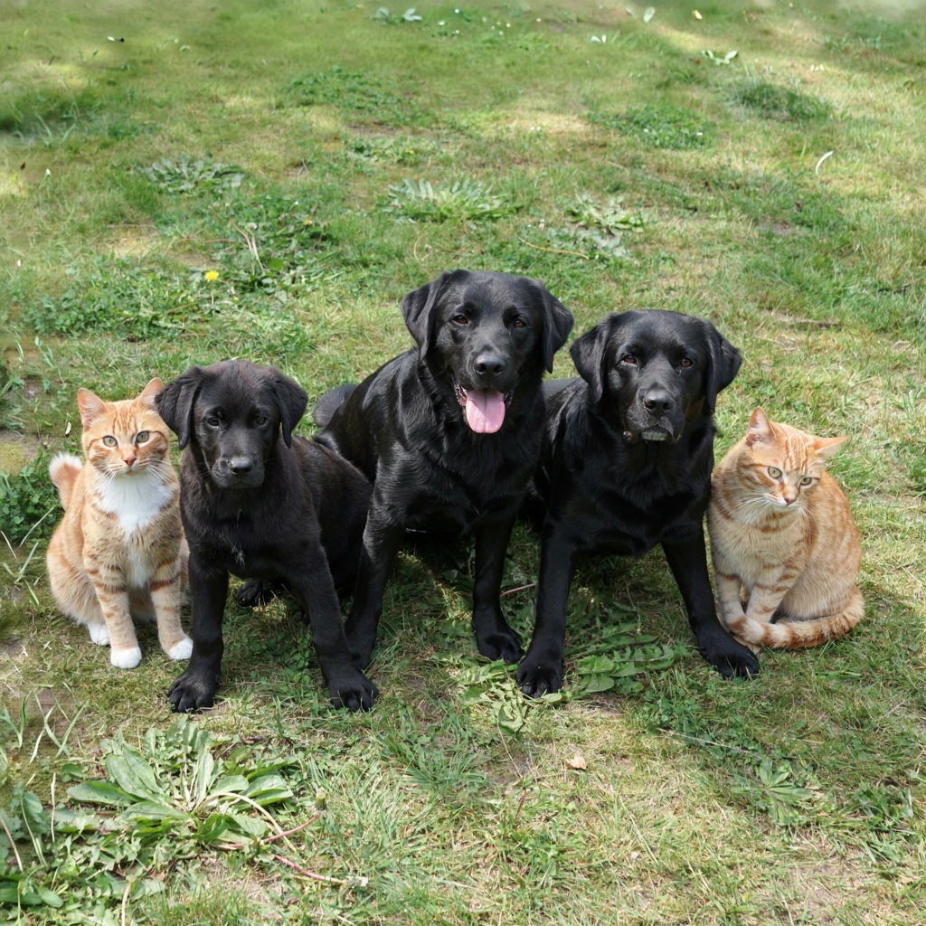 2 orange cats and 3 black dogs sitting together on a grassy 