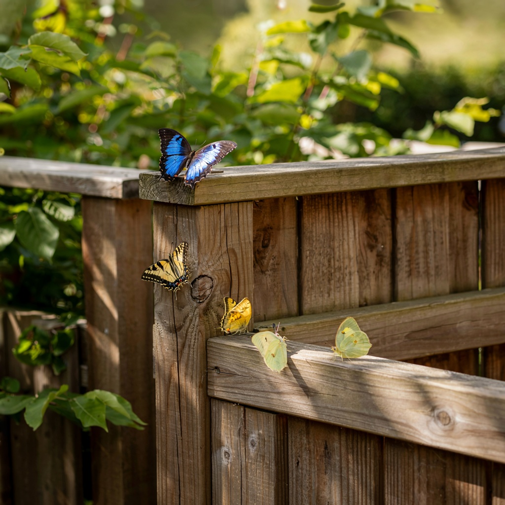 1 blue butterfly and 3 yellow butterflies resting on a garde