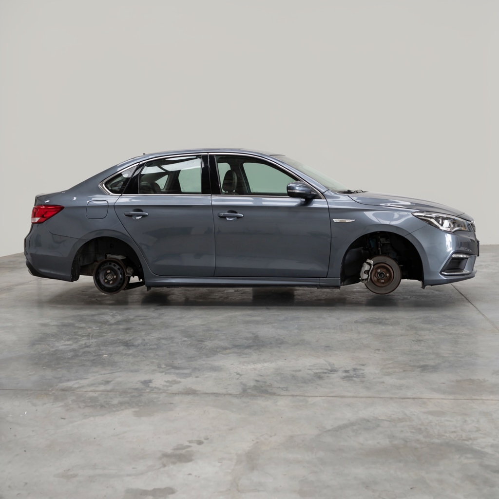 A car body with windows, doors, and headlights but no wheels