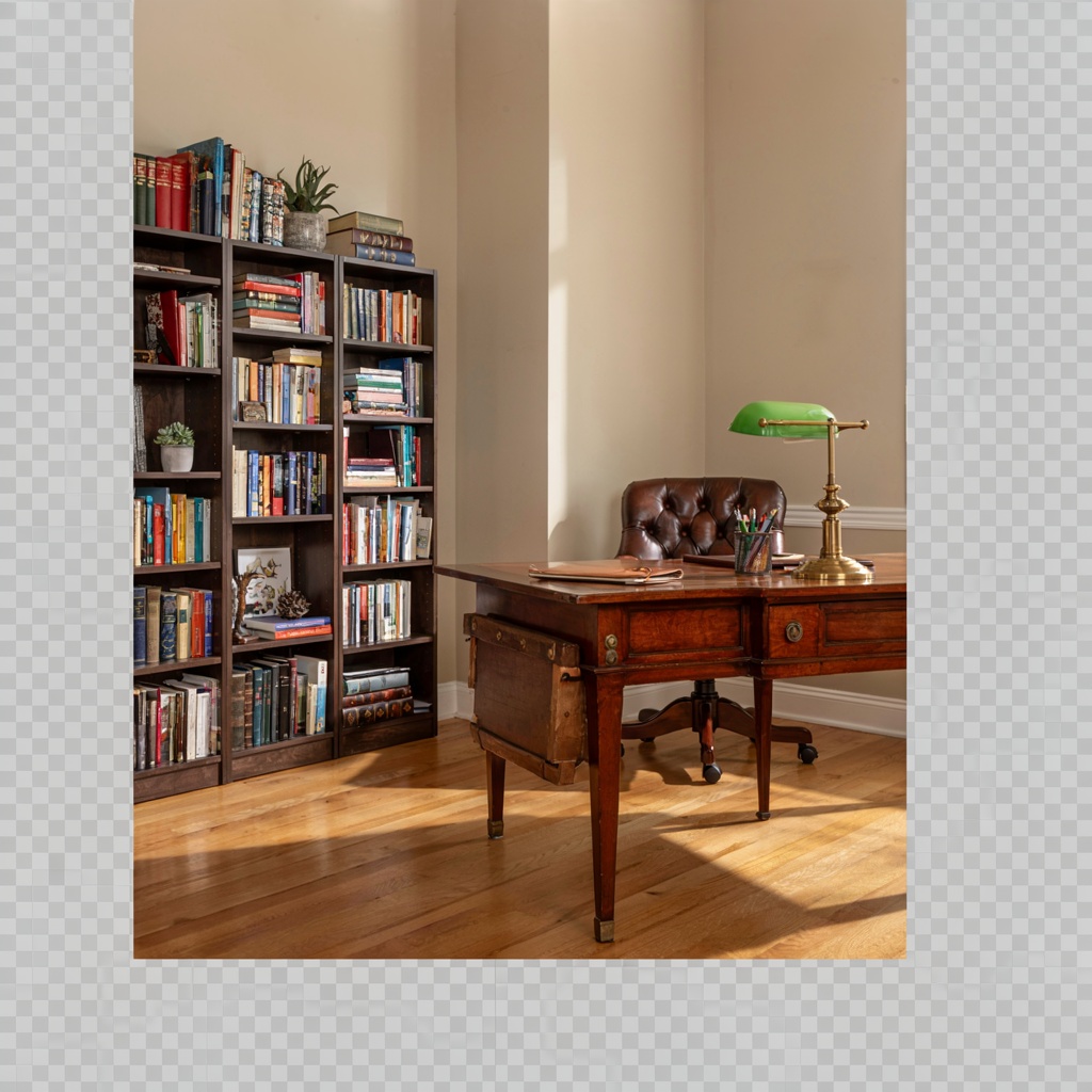 An office workspace with a desk, chair, bookshelf, and lamp 