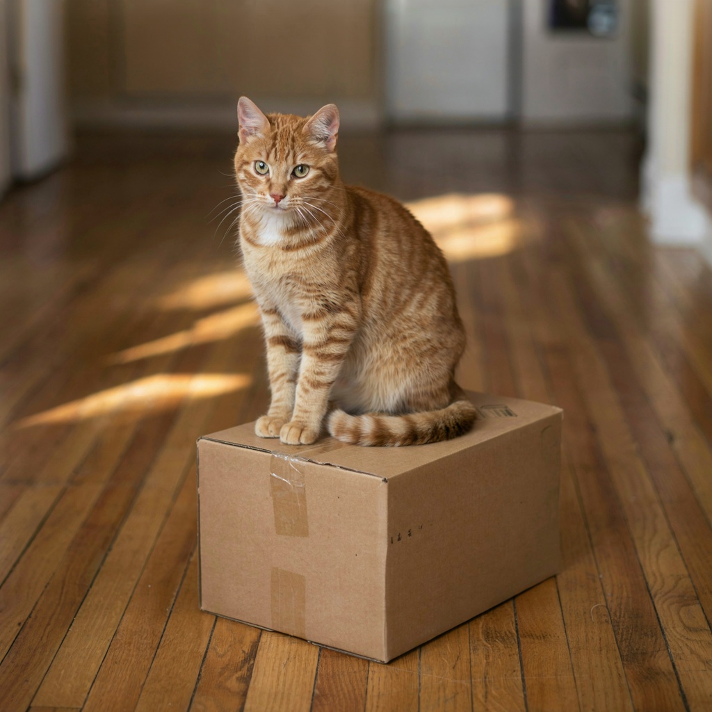 A cat sitting on top of a cardboard box