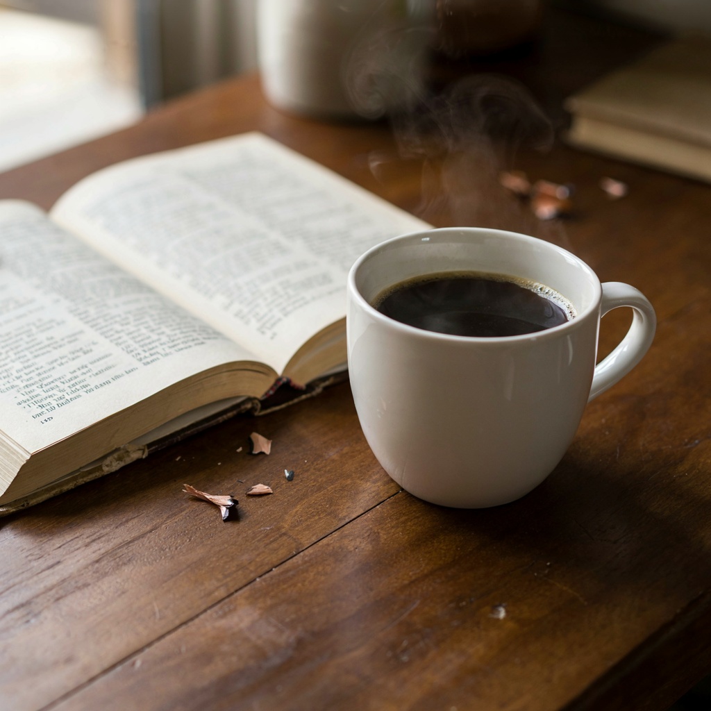 A coffee mug next to an open book on a desk