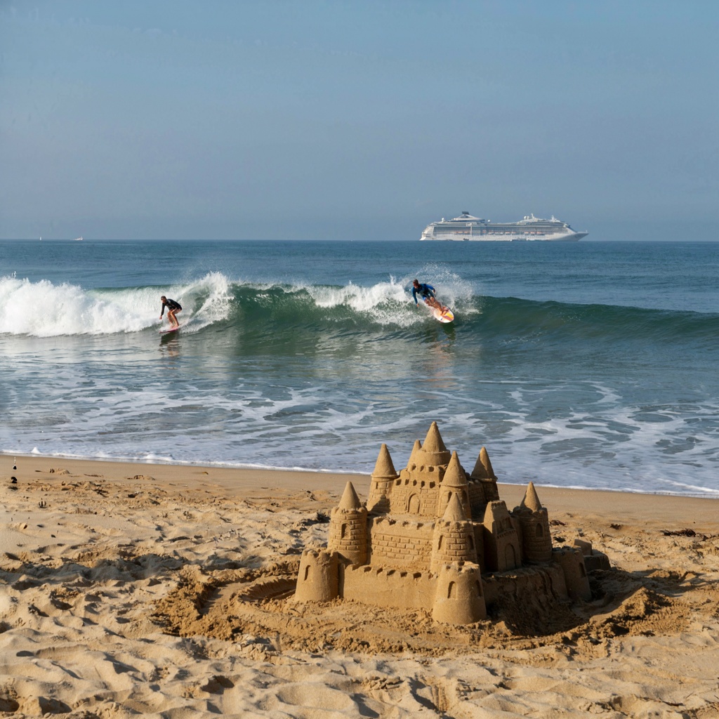 A beach scene with a sandcastle in the foreground, a surfer 