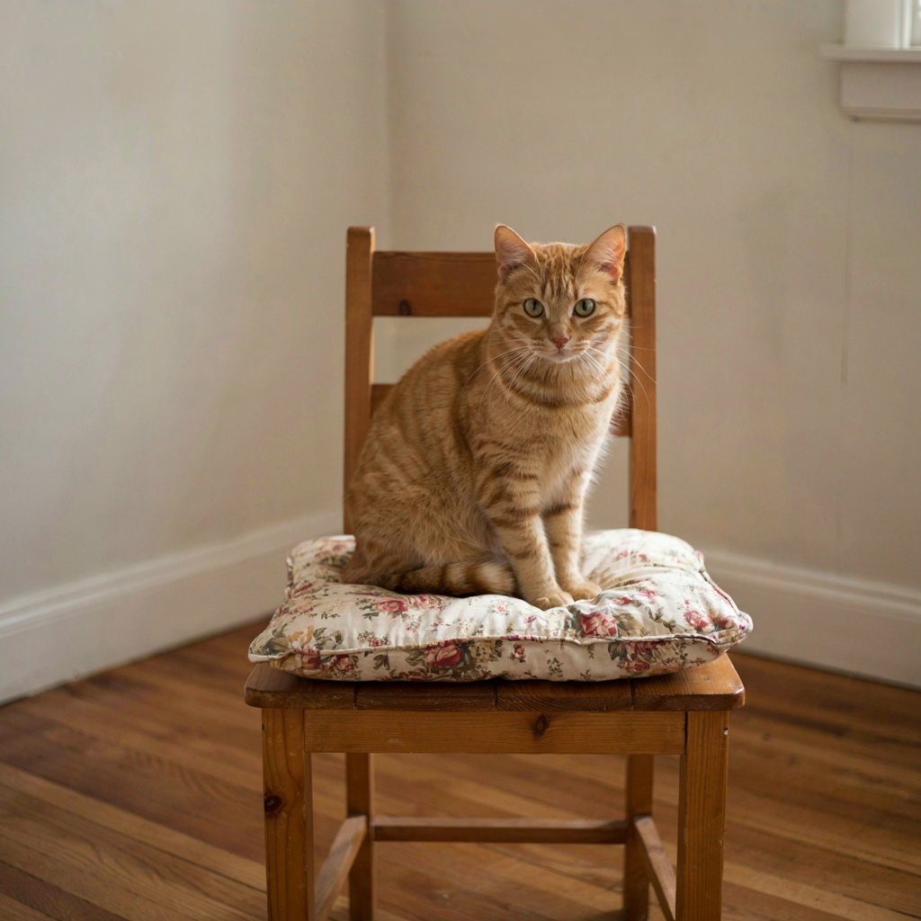 A cat sitting on a pillow, the pillow placed on a wooden cha
