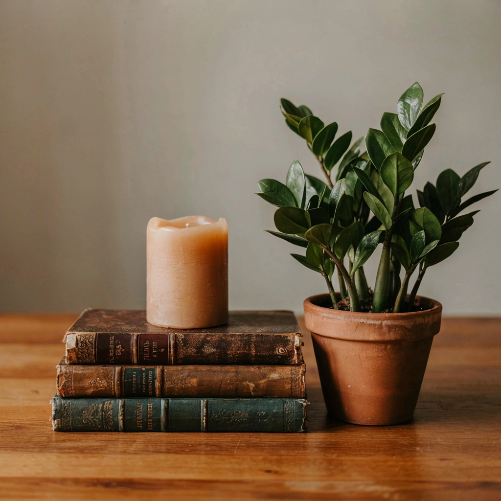 A candle on top of a stack of books, the books next to a pot