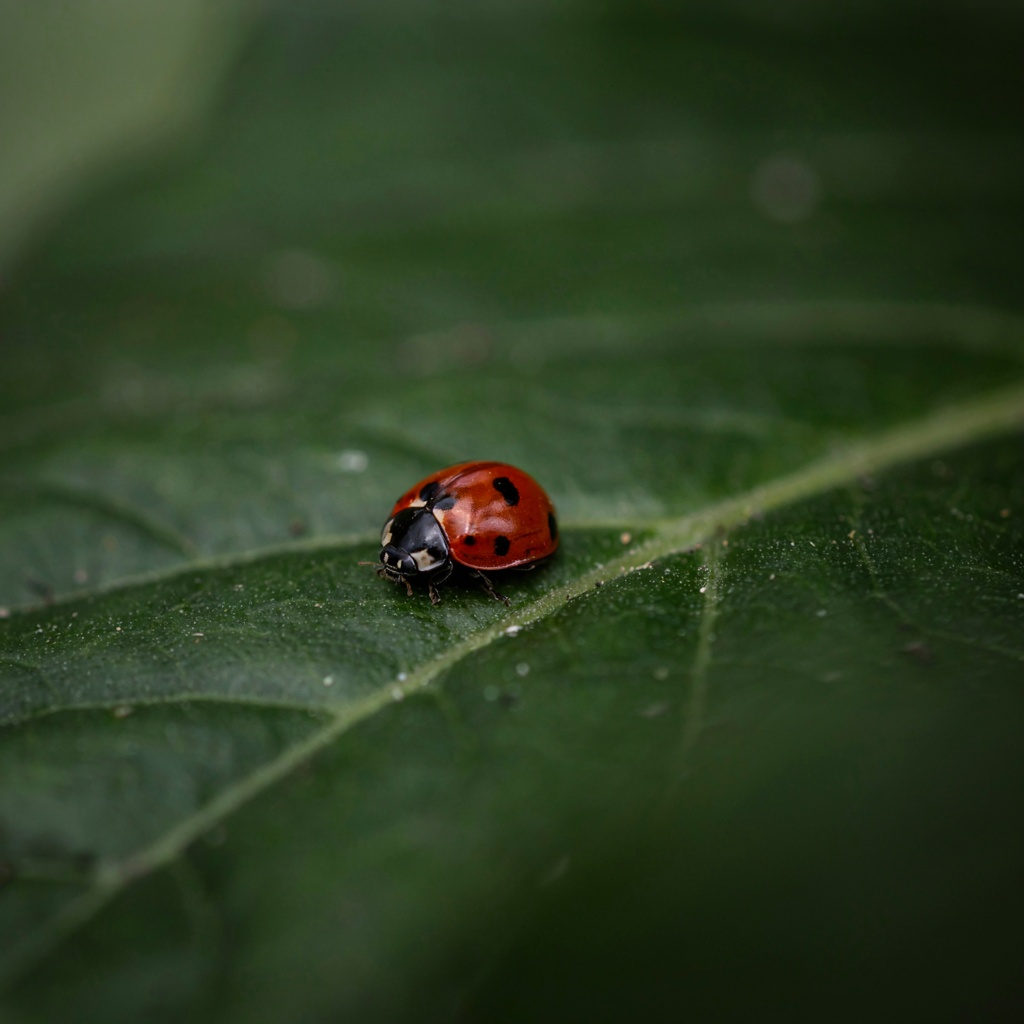 A ladybug sitting on a large green leaf, shown at realistic 