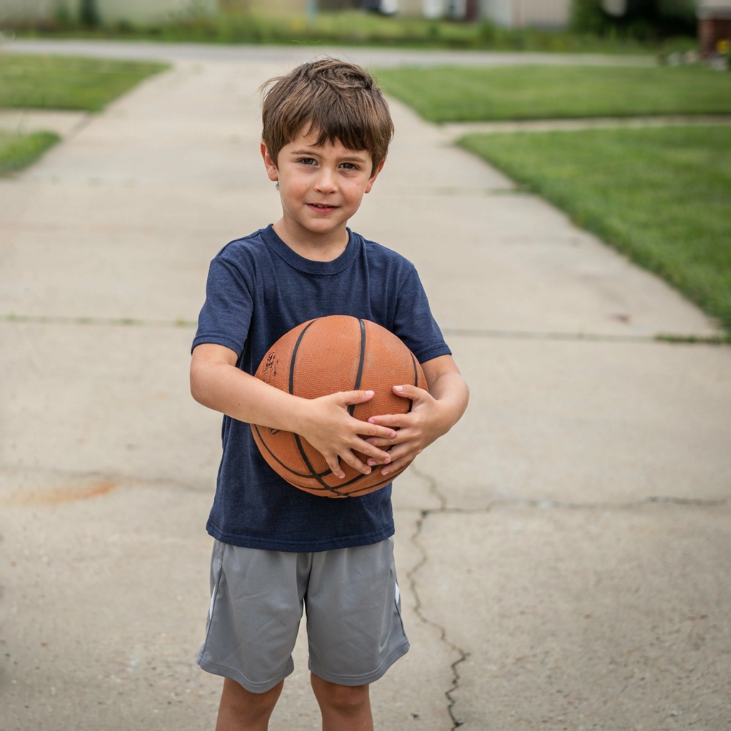 A child holding a basketball, both at correct relative sizes