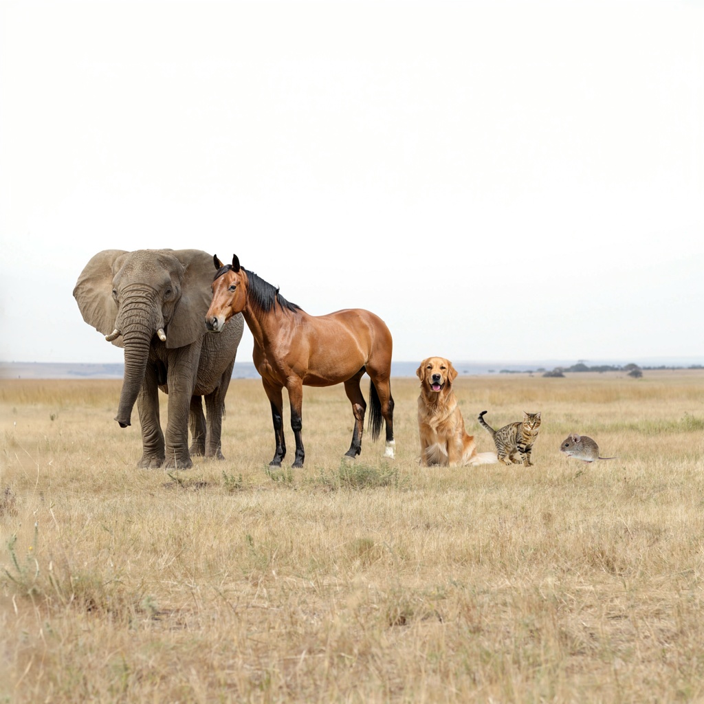 A group photo of an elephant, a horse, a dog, a cat, and a m