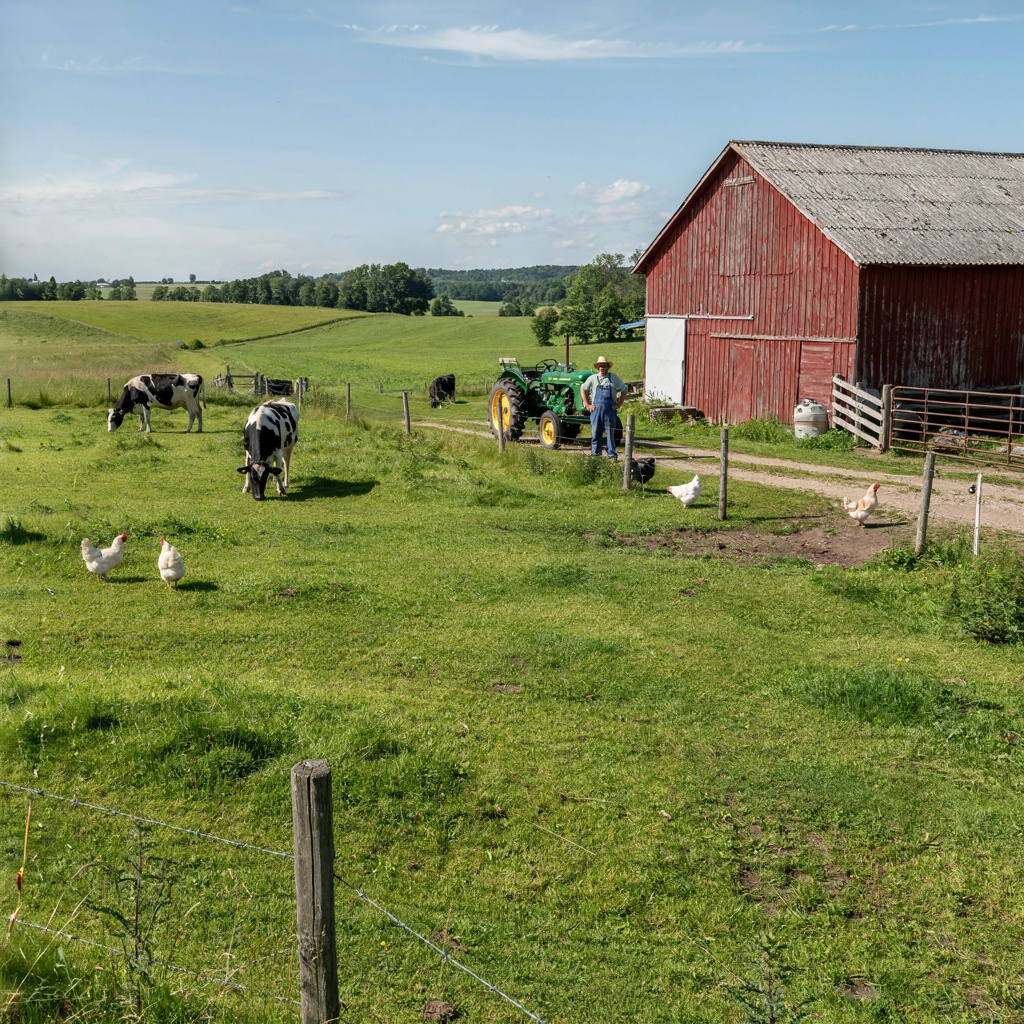 A farm scene with a barn, tractor, farmer, cow, chicken, and