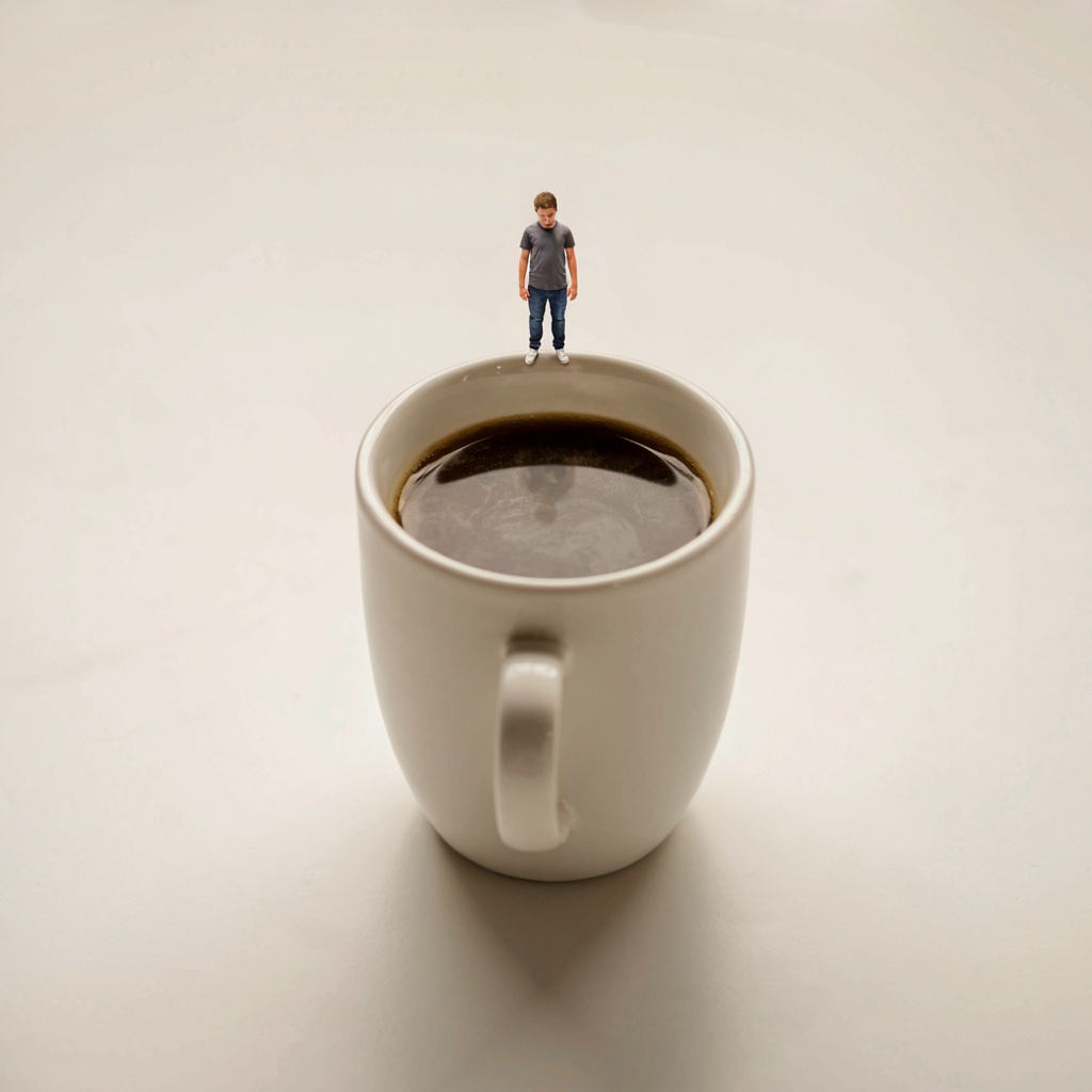 A tiny person standing on the rim of a coffee cup, looking d
