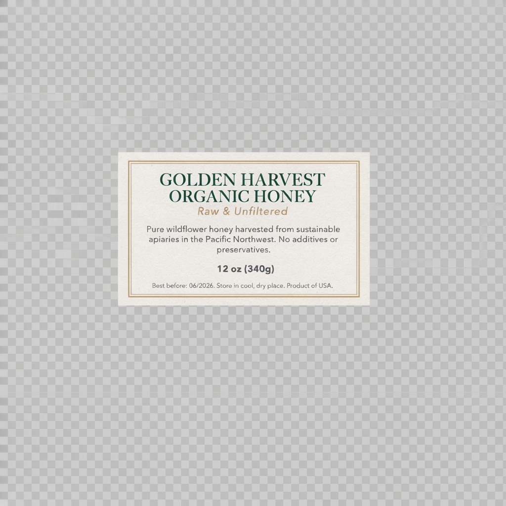 A product label for 'GOLDEN HARVEST ORGANIC HONEY' with subt
