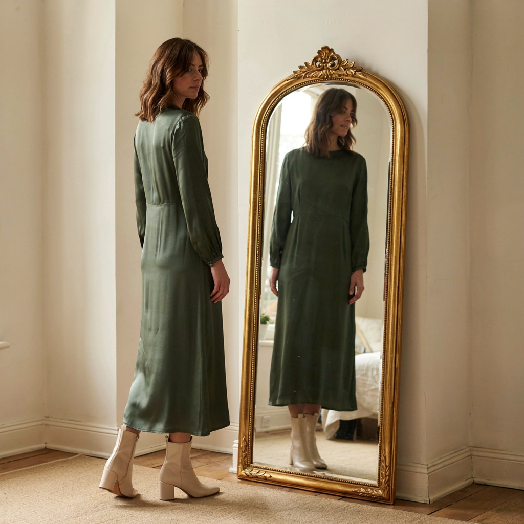 A woman standing in front of a full-length mirror, her refle