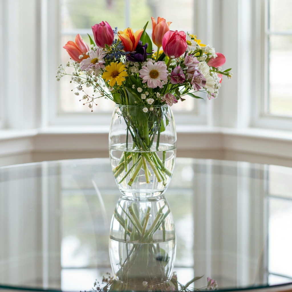 A vase of flowers on a glass table with a clear reflection v