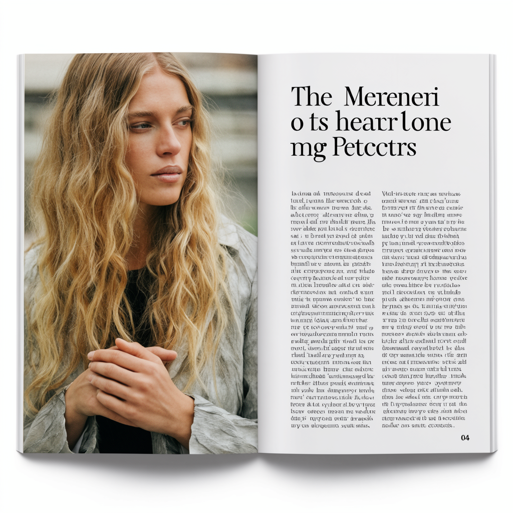 A fashion magazine spread with a full-bleed left-page photo,