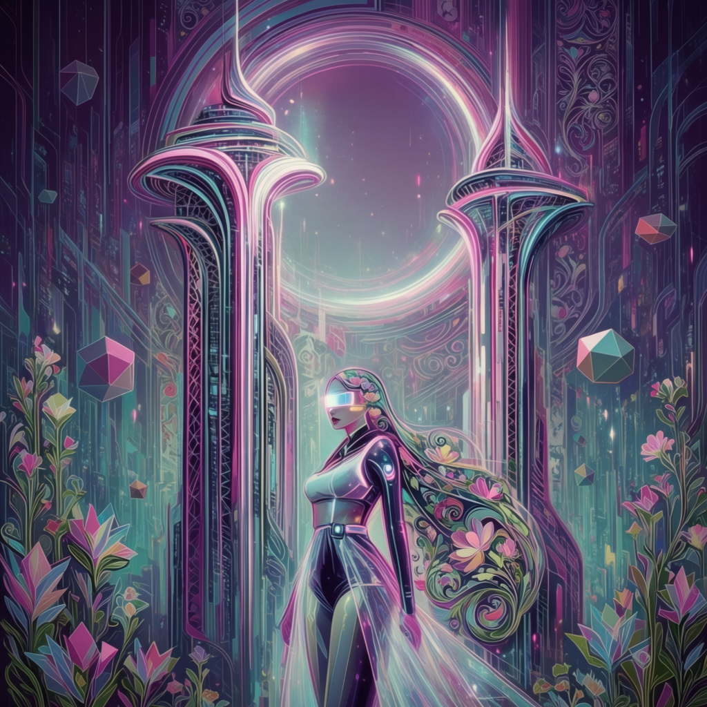 A woman in a futuristic city rendered in cyberpunk Art Nouve