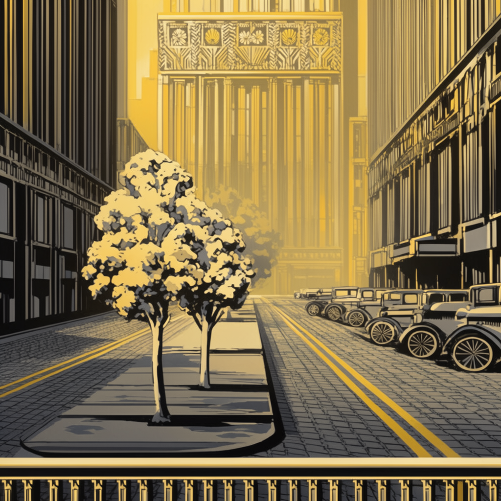 A city street scene in the style of Art Deco — geometric sha