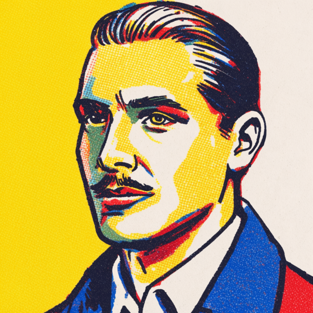 A portrait of a man in Pop Art style — bold outlines, Ben-Da