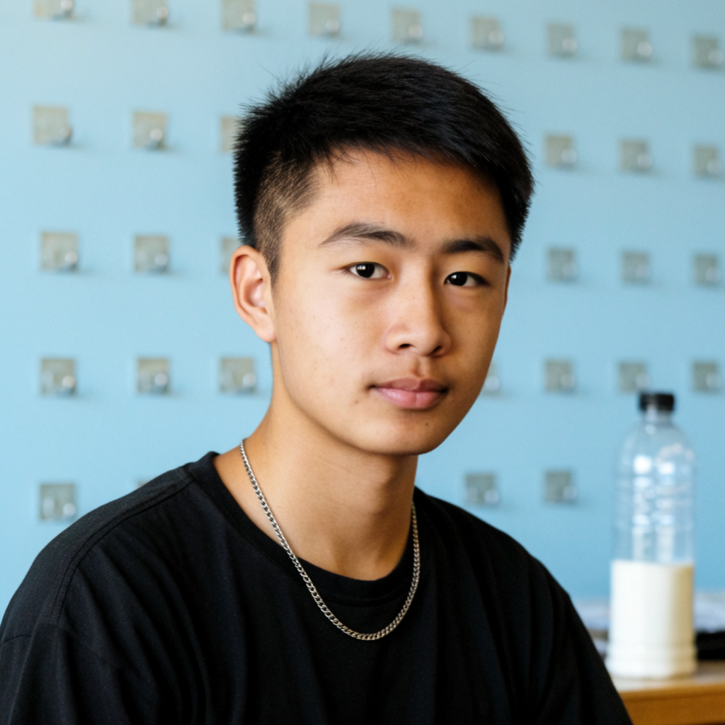 A headshot of a teenager with a relaxed, neutral face