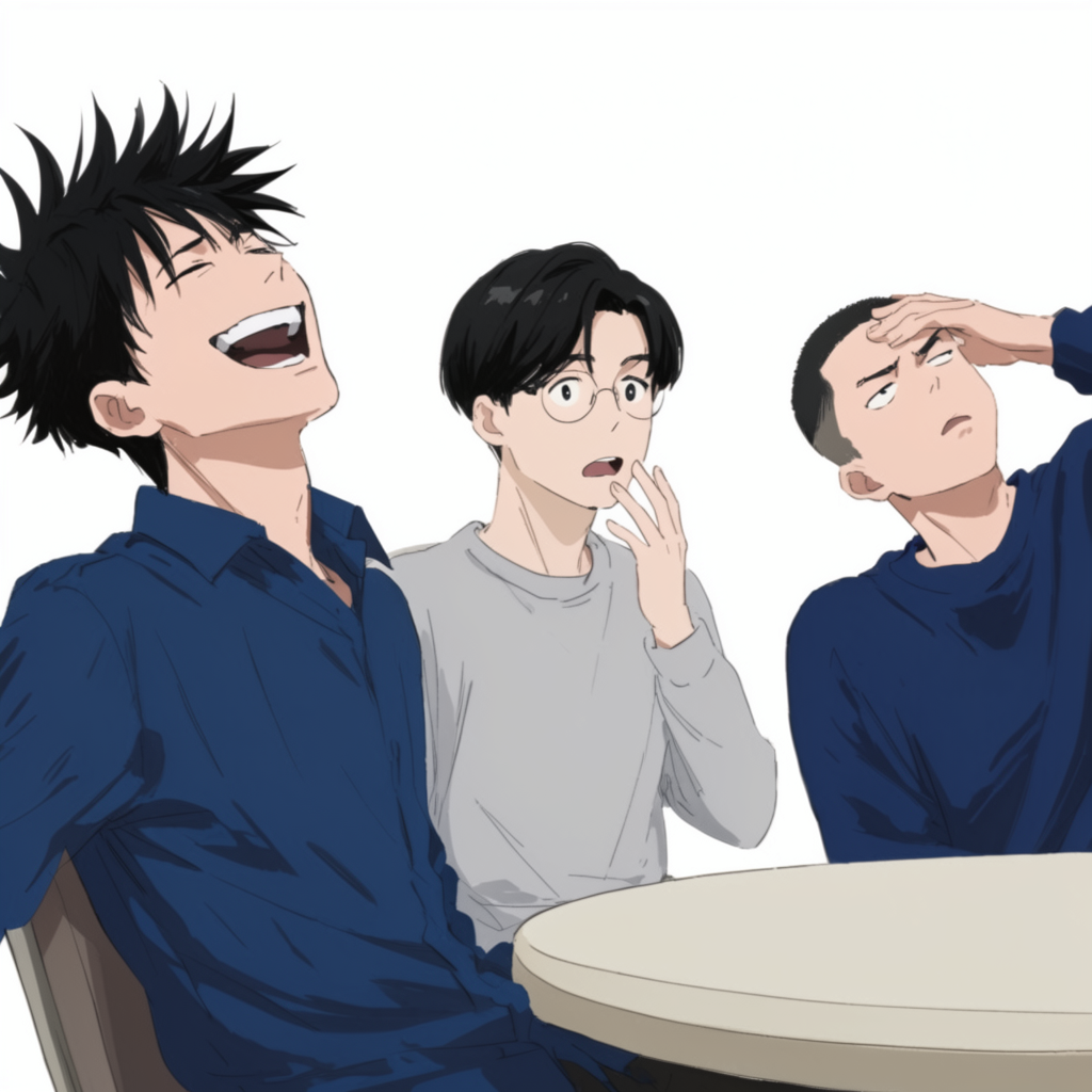 A group of three friends at a table: one laughing with head 