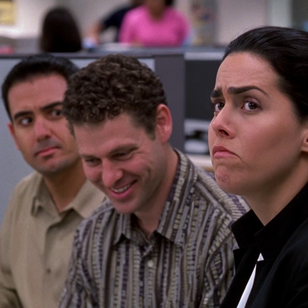 Three coworkers in a meeting: one looking frustrated with fu