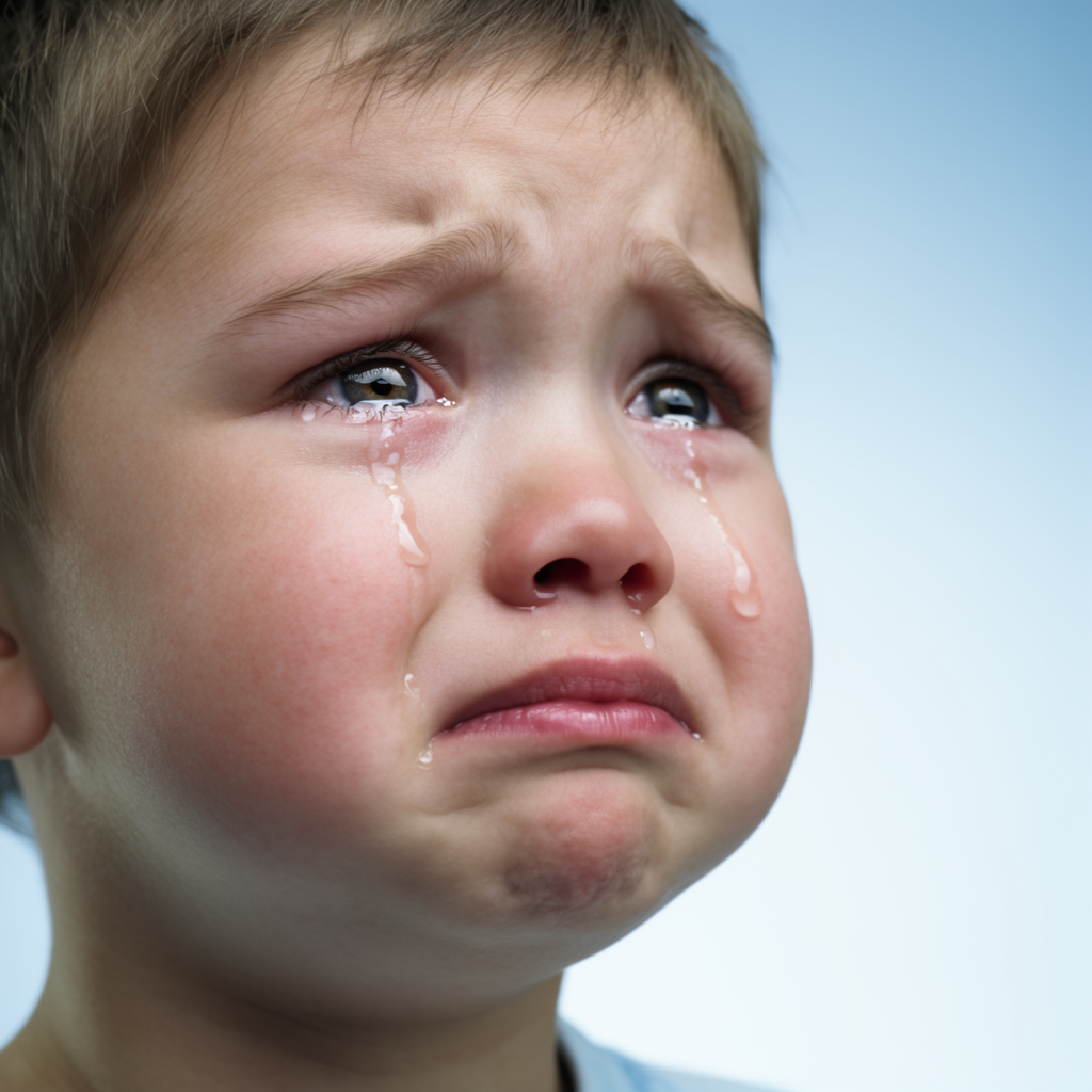 A 5-year-old child with round cheeks and large eyes, crying 