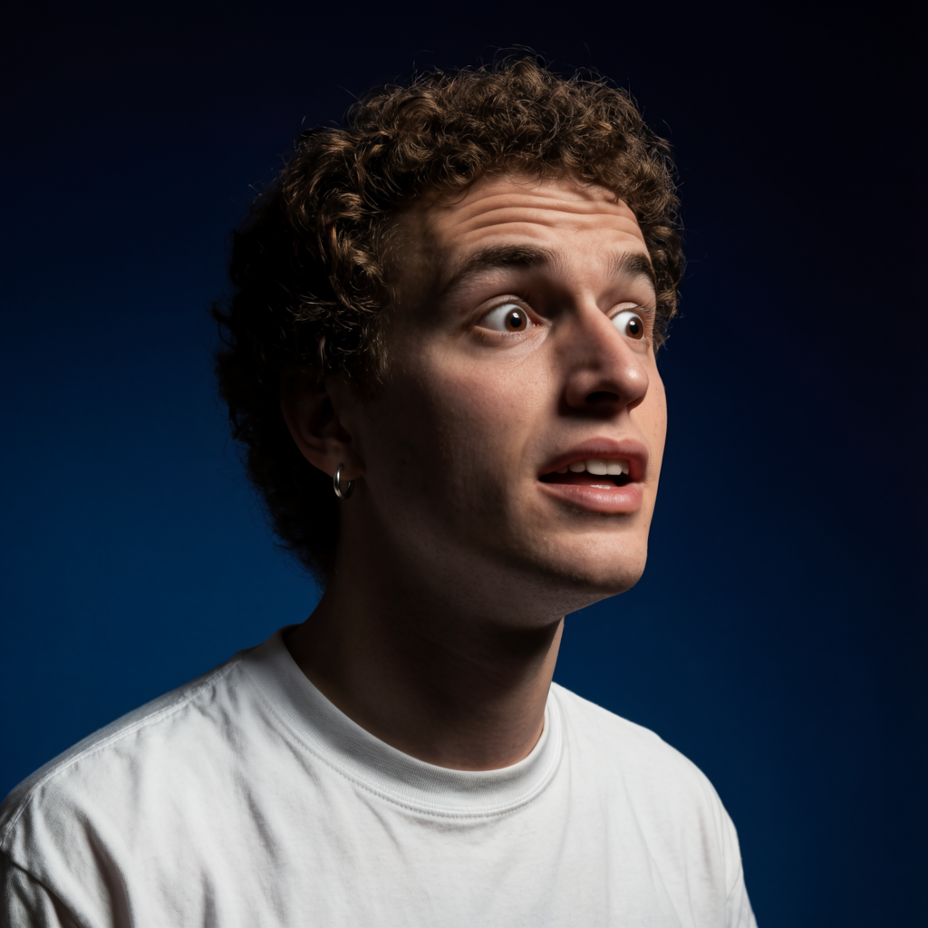 A portrait capturing genuine surprise — raised eyebrows, wid